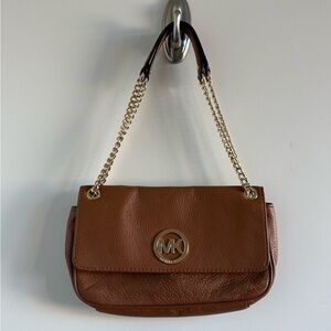 Michael Kors Fulton Tan Leather Shoulder Bag with Gold Chain